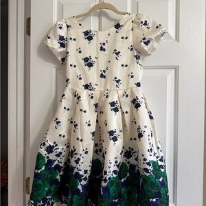 Janie and Jack Cream Dress with Navy and Green Floral Border